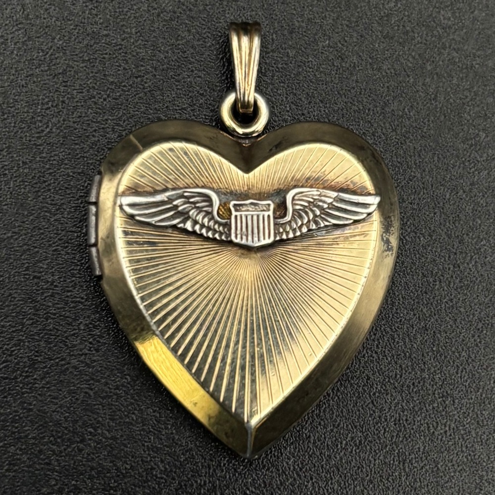 Vintage A&Z Heart Locket Gold WWII Sweetheart Winged Shield Pendant